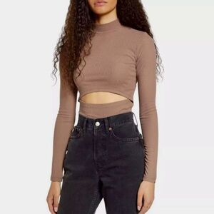 NWT BP Mock Neck Rib Front Cutout Top Brown Taupe Size Medium Neutral Cut Crop